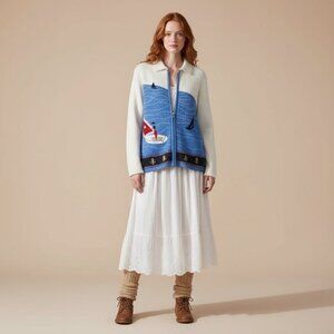 TANJAY Womens Medium Petite Sailboat Vintage Nautical  Lady Embroidered Cardigan